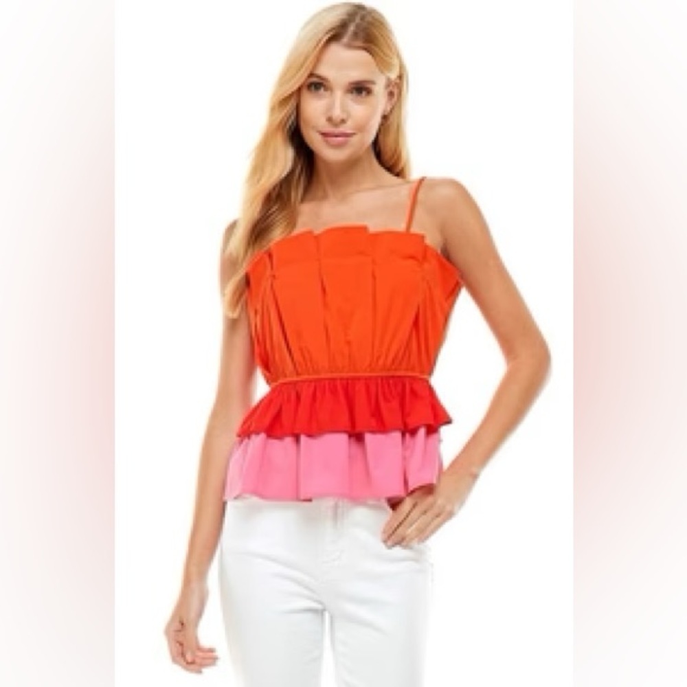 TCEC Colorblock Ruffled Tank Top in Orange and Pink